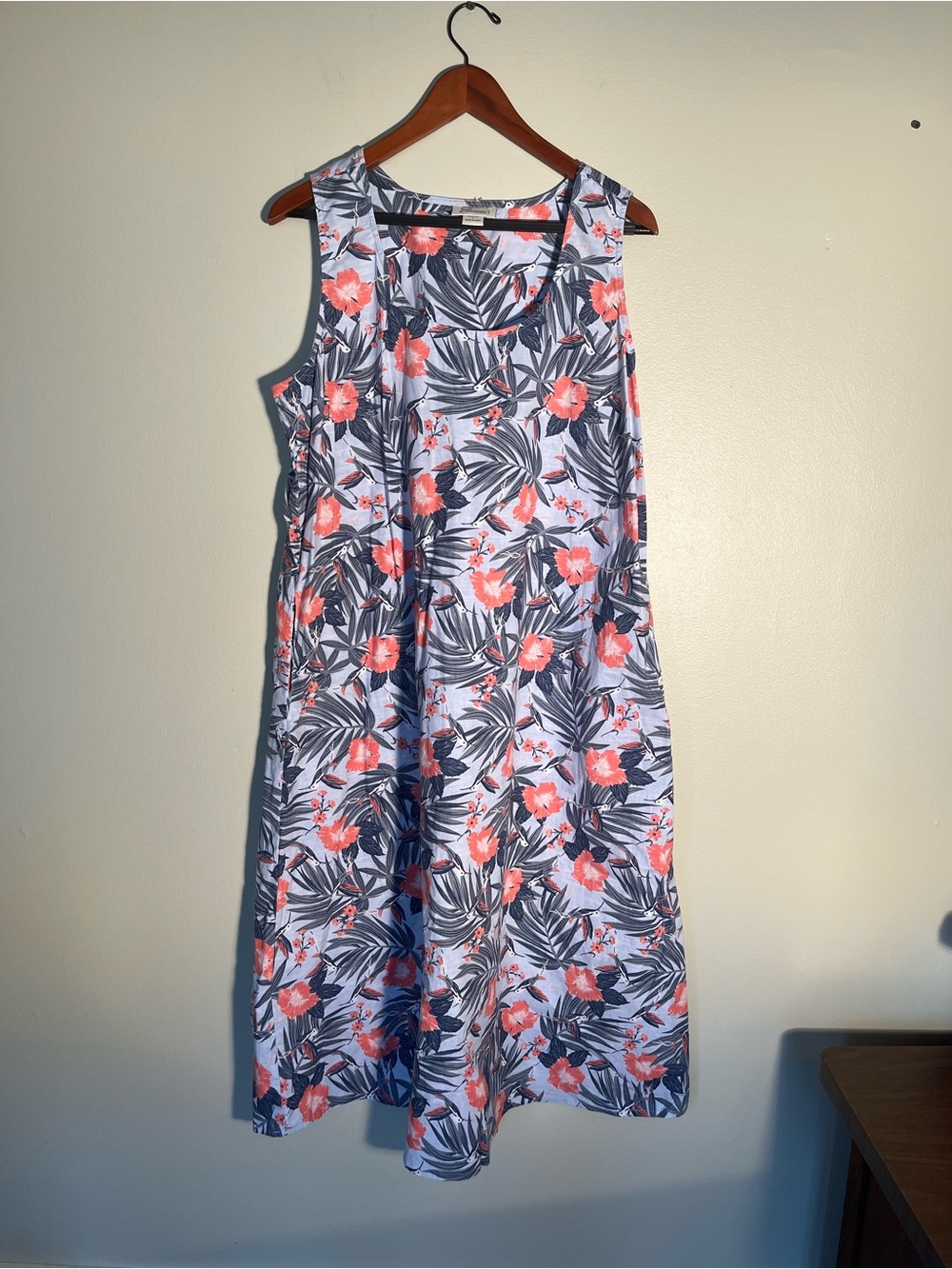 Essentials Sleeveless Coral & Navy Tropical Midi Dress Cotton w/pockets